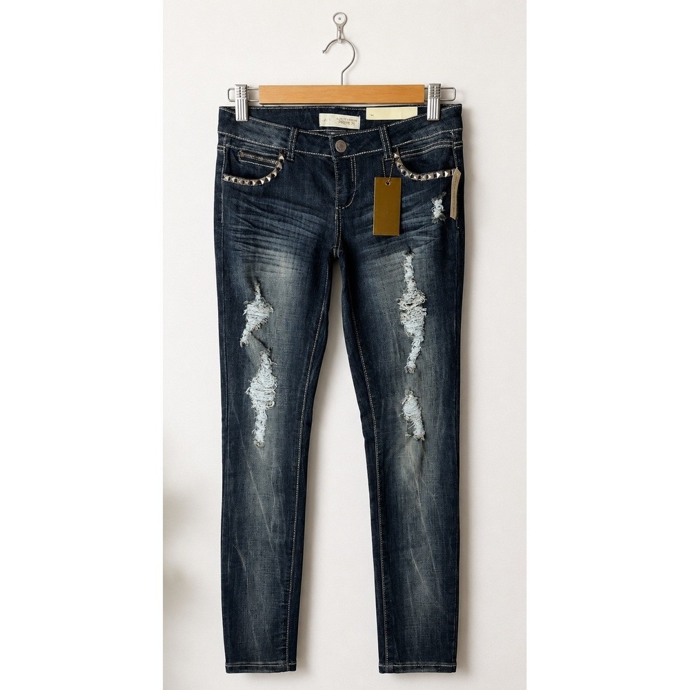 Almost Famous Premium Skinny Jeans‎ Juniors 9 Blue NWT Denim Distressed Studded